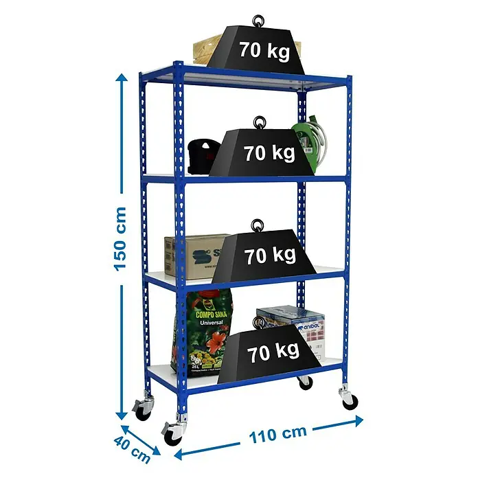 Simonrack Simonclick Estantería metálica Mobile Superplus - Al x An x Pr: 157,5 x 110 x 40 cm, Número de baldas: 4 ud., Inserción, Azul/Blanco - Imagen de una estantería metálica azul con cuatro estantes sobre ruedas, cargada con pesas y diversos artículos.