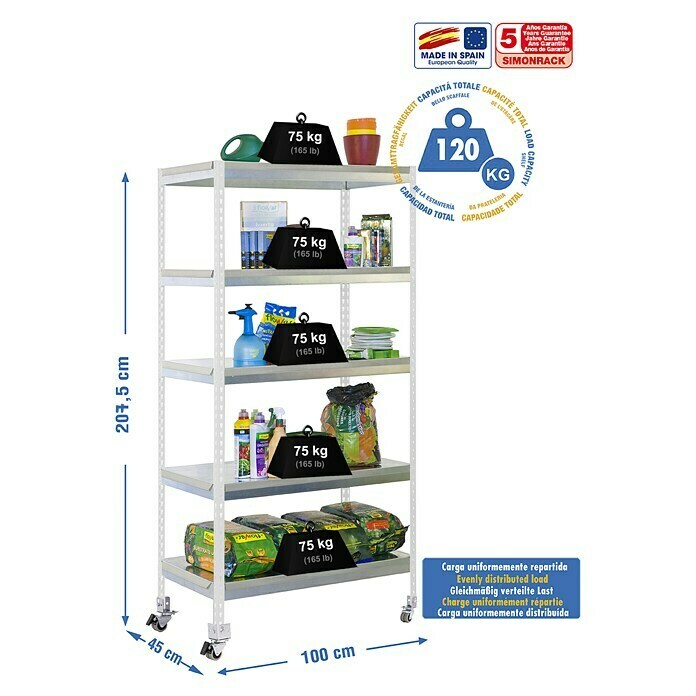 Simonrack Bricoforte Estantería metálica Mobile Metal (Al x An x Pr: 211,5 x 100 x 45 cm, Número de baldas: 5 ud., Inserción, Blanco/Galvanizado, Capacidad de carga por balda: 75 kg) | BAUHAUS