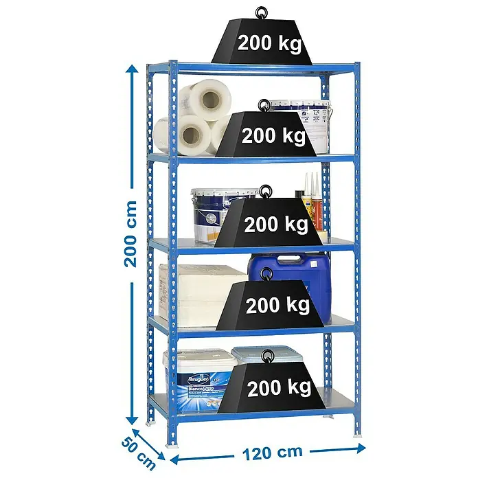 Simonrack Simonclick Metallregal Mega Plus - H x B x T: 200 x 120 x 50 cm, Traglast pro Boden: 200 kg, Anzahl Böden: 5 Stk., Stecken, Blau/Silber - Ein blaues, fünfreihiges Lagerregal ist mit diversen Gegenständen und Gewichten von je 200 kg beladen, um die Tragfähigkeit zu demonstrieren.