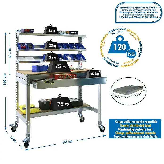 Simonrack Simonwork Banco de trabajo BT1 Box Mobile - L x An: 76 x 151 cm, Altura de trabajo: 152 cm, Carga soportada: 120 kg, Galvanizado - La imagen muestra un banco de trabajo, con múltiples estantes, cajones y una capacidad de carga de 120 kg.