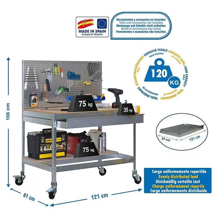 Simonrack Simonwork Banco de trabajo BT2 Box Mobile - L x An: 61 x 121 cm, Altura de trabajo: 152 cm, Carga soportada: 120 kg, Galvanizado - Imagen de un banco de trabajo con panel portaherramientas, estante y ruedas. La capacidad máxima es de 120 kg con distribución uniforme.