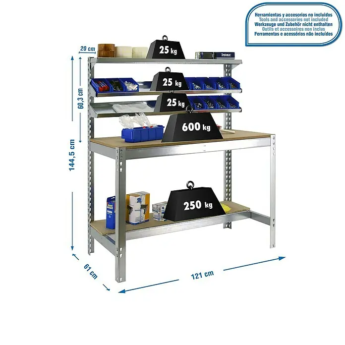 Simonrack Simonwork Werkbank BT1 1200 - Breite: 121 cm, Grau - Abbildung einer Werkbank mit Regalen und Gewichten zur Veranschaulichung der Tragfähigkeit.