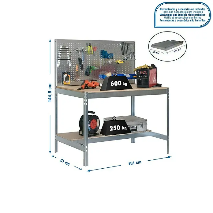 Simonrack Simonwork Werkbank BT2 1500 - Bronze, Breite: 151 cm - Werkbank mit Lochwand und zwei Ablageflächen, belastbar mit bis zu 600 kg auf der Arbeitsfläche und 250 kg auf der unteren Ablage.