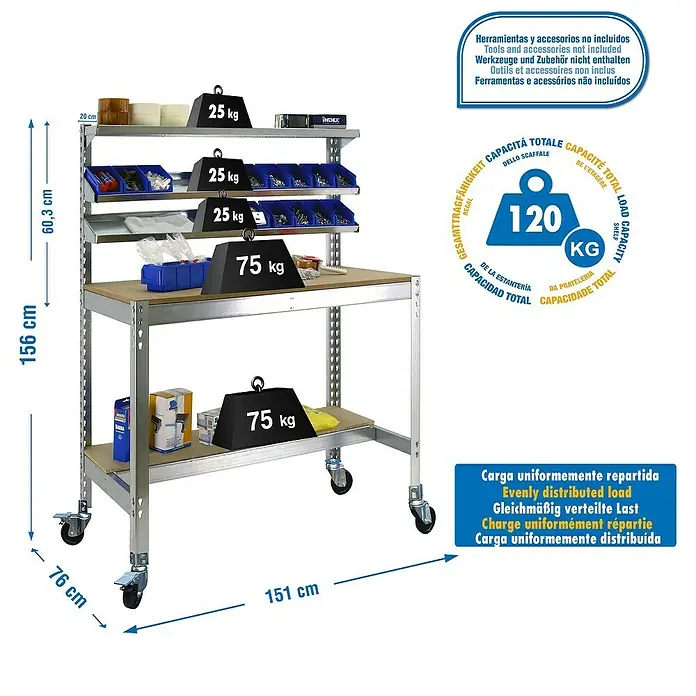 Simonrack Simonwork Banco de trabajo BT1 Mobile - L x An: 76 x 151 cm, Altura de trabajo: 152 cm, Carga soportada: 120 kg, Galvanizado - Imagen de un banco de trabajo con estanterías, capaz de soportar un peso de hasta 120 kg, para herramientas y accesorios.