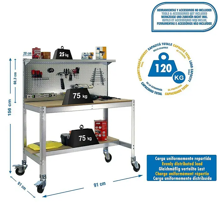 Simonrack Simonwork Banco de trabajo BT3 Mobile - L x An: 61 x 91 cm, Altura de trabajo: 152 cm, Carga soportada: 120 kg, Galvanizado - Imagen de un banco de trabajo con herramientas y accesorios no incluidos. El banco de trabajo tiene una capacidad de carga máxima de 120 kg.