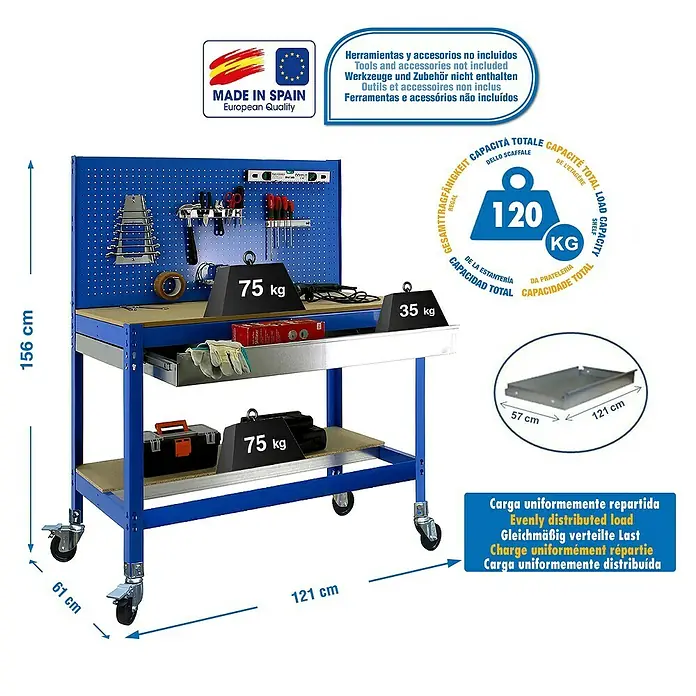 Simonrack Simonwork Banco de trabajo BT2 Box Mobile - L x An: 61 x 121 cm, Altura de trabajo: 152 cm, Carga soportada: 120 kg, Azul - Imagen de un banco de trabajo azul con panel portaherramientas, cajón y estante. La capacidad máxima es de 120 kg.