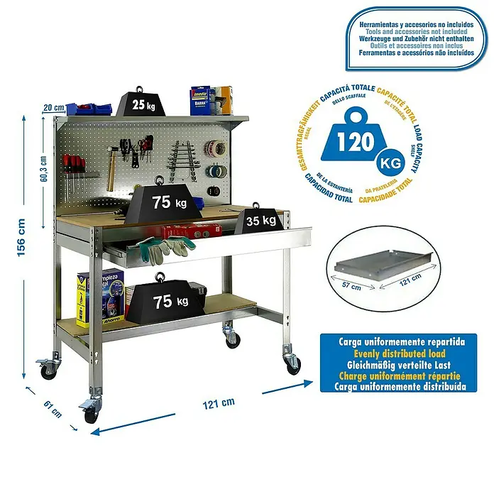 Simonrack Simonwork Banco de trabajo BT3 Box Mobile - L x An: 61 x 121 cm, Altura de trabajo: 152 cm, Carga soportada: 120 kg, Galvanizado - Imagen del producto de un banco de trabajo con dimensiones y capacidad de carga máxima mostradas en la imagen.