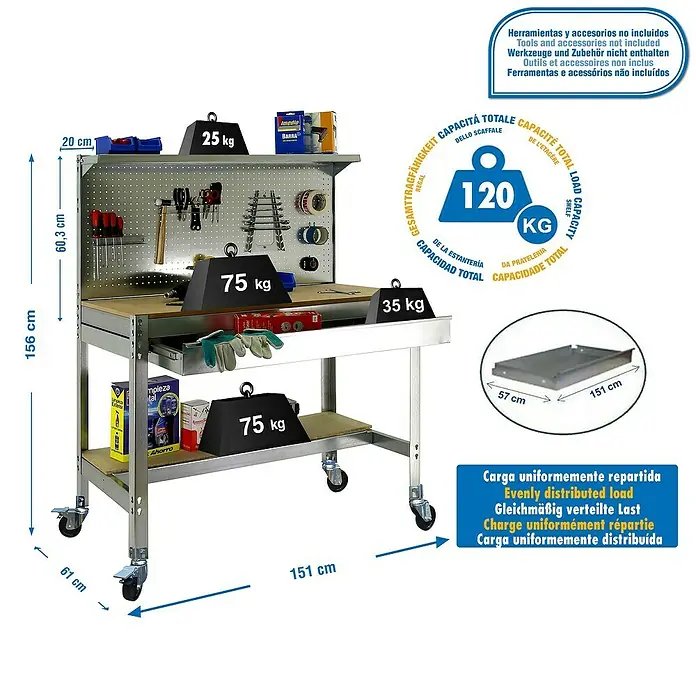 Simonrack Simonwork Banco de trabajo BT3 Box Mobile - L x An: 61 x 151 cm, Altura de trabajo: 152 cm, Carga soportada: 120 kg, Galvanizado - Banco de trabajo con medidas.