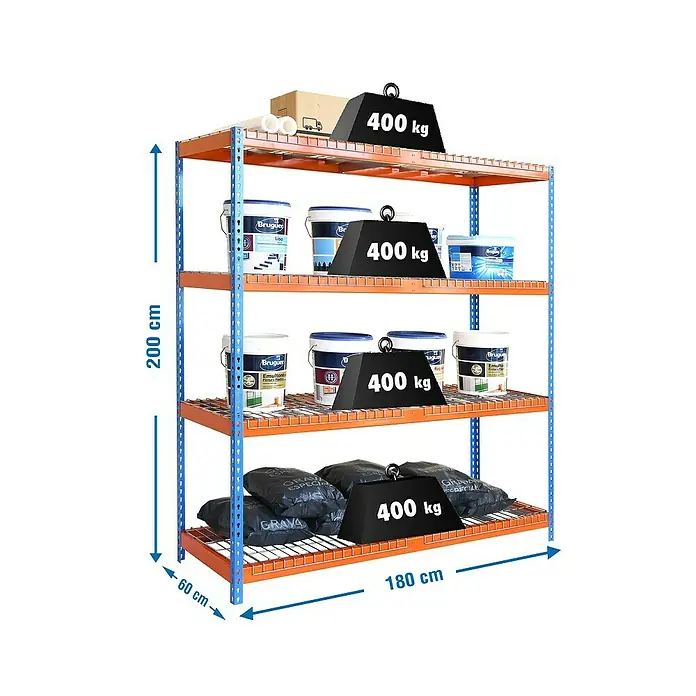 Simonrack Simontaller Schwerlastregal Ecoforte Rex - H x B x T: 200 x 180 x 60 cm, Traglast pro Boden: 400 kg, Anzahl Böden: 4 Stk., Stecken, Blau/Orange - Ein Bild eines blauen und orangefarbenen Schwerlastregals mit vier Ebenen, beladen mit Farbeimern und Säcken, beschriftet mit Gewichten.