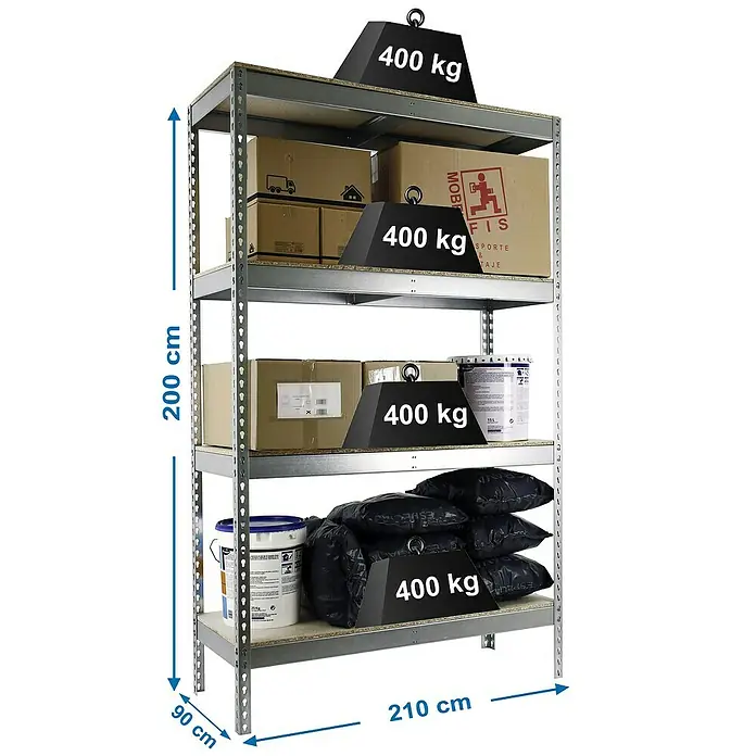 Simonrack Simonforte Schwerlastregal Simonforte Chipboard - H x B x T: 200 x 210 x 90 cm, Traglast pro Boden: 400 kg, Anzahl Böden: 4 Stk., Stecken, Silber - Bild eines Schwerlastregals mit vier Ebenen, das mit verschiedenen Gegenständen und Gewichten von 400 kg auf jeder Ebene beladen ist.