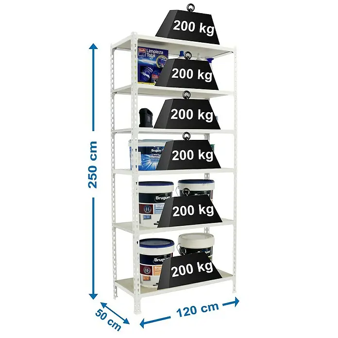 Simonrack Maderclick Metallregal Maderclick MegaPlus - H x B x T: 250 x 120 x 50 cm, Traglast pro Boden: 200 kg, Anzahl Böden: 6 Stk., Stecken, Weiß - Das Bild zeigt ein weißes Regal mit sechs Böden, wobei jeder Boden mit Gewichten von 200 kg belastet ist. Die Maße des Regals sind 250 cm Höhe, 120 cm Breite und 50 cm Tiefe.