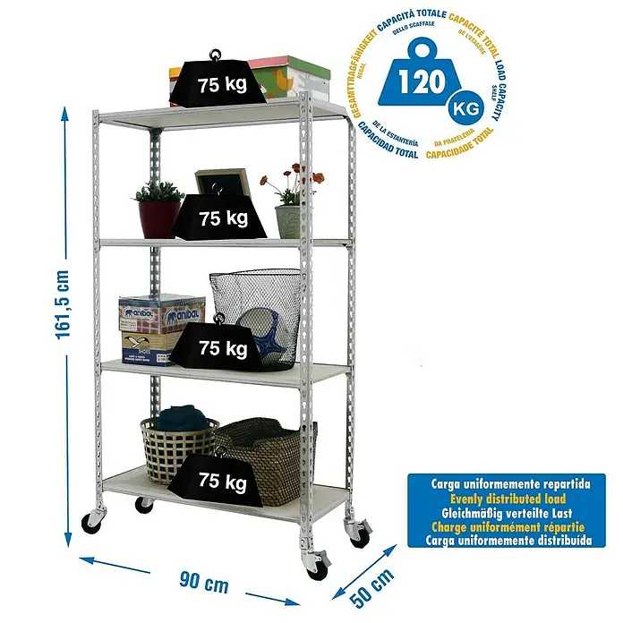 Simonrack Maderclick Estantería metálica Mobile - Al x An x Pr: 157,5 x 90 x 50 cm, Número de baldas: 4 ud., Inserción, Galvanizado - Imagen de una estantería plateada de cuatro niveles para carga pesada, que muestra sus dimensiones y una capacidad de 120 kg.