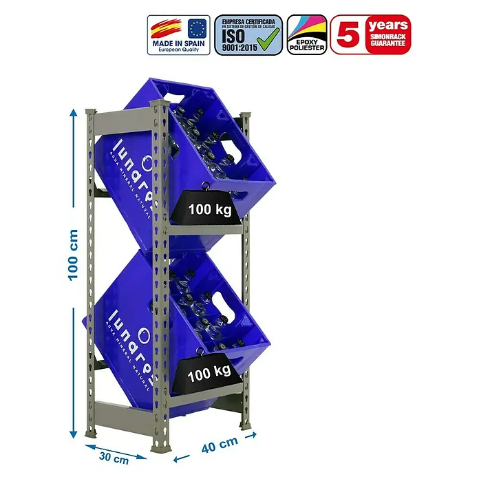 Simonrack Simonbottle Getränkekistenregal Bottleclick - H x B x T: 100 x 40 x 30 cm, Traglast Einlegeboden: 100 kg, Anzahl Böden: 2 Stk., Stecken, Grau - Produktfoto eines SimoRack-Regalsystems mit zwei blauen Behältern, gefüllt mit Glasflaschen, mit Gewichtsangaben und Größenangaben.