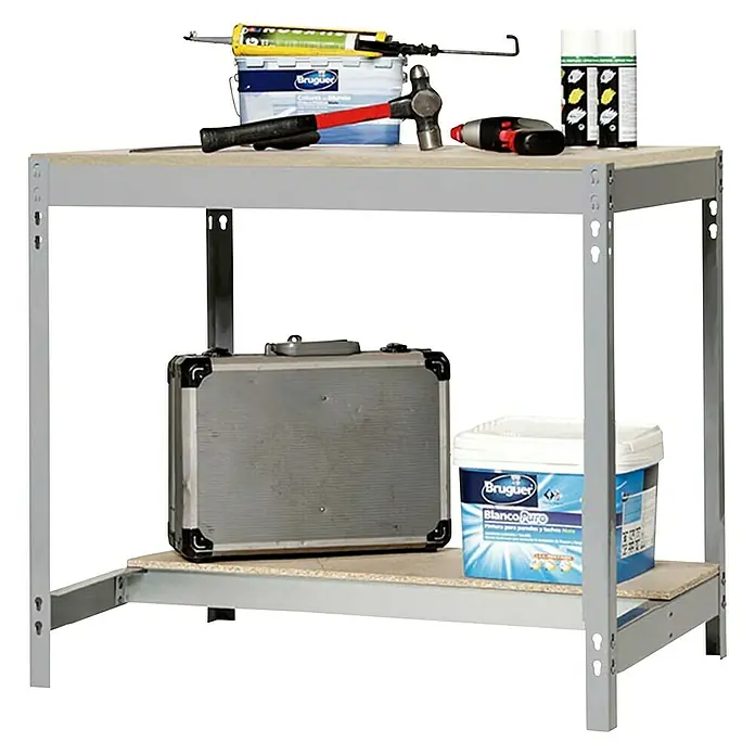 Simonrack Simonwork Banco de trabajo BT0 - L x An: 61 x 121 cm, Altura de trabajo: 84,2 cm, Carga soportada: 850 kg, Gris - Banco de trabajo con herramientas y pinturas. El banco de trabajo está lleno de diversas herramientas y recipientes con pintura.