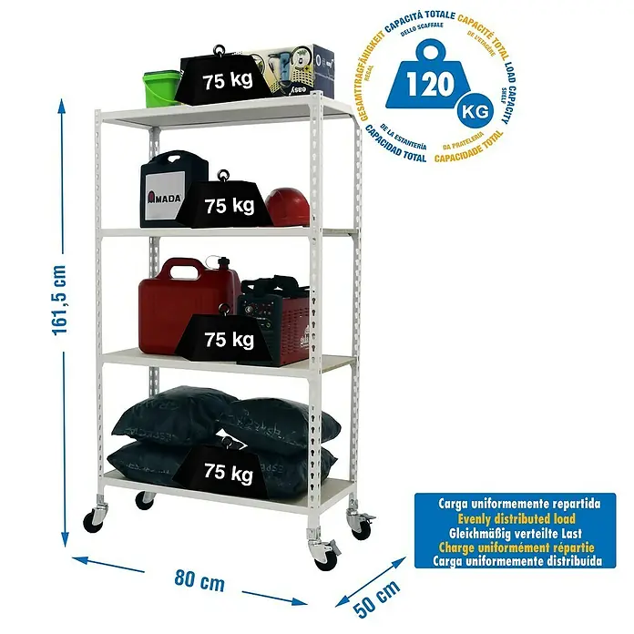 Simonrack Maderclick Estantería metálica Mobile Mini - Al x An x Pr: 157,5 x 80 x 50 cm, Número de baldas: 4 ud., Inserción, Blanco - Una estantería blanca con cuatro estantes cargados con diversos artículos e indicaciones de peso.