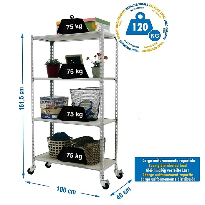 Simonrack Maderclick Estantería metálica Mobile Plus - Al x An x Pr: 157,5 x 100 x 40 cm, Número de baldas: 4 ud., Inserción, Galvanizado - Imagen del producto de una estantería metálica con cuatro niveles y ruedas, cargada con 75 kg por nivel, capacidad total 120 kg.