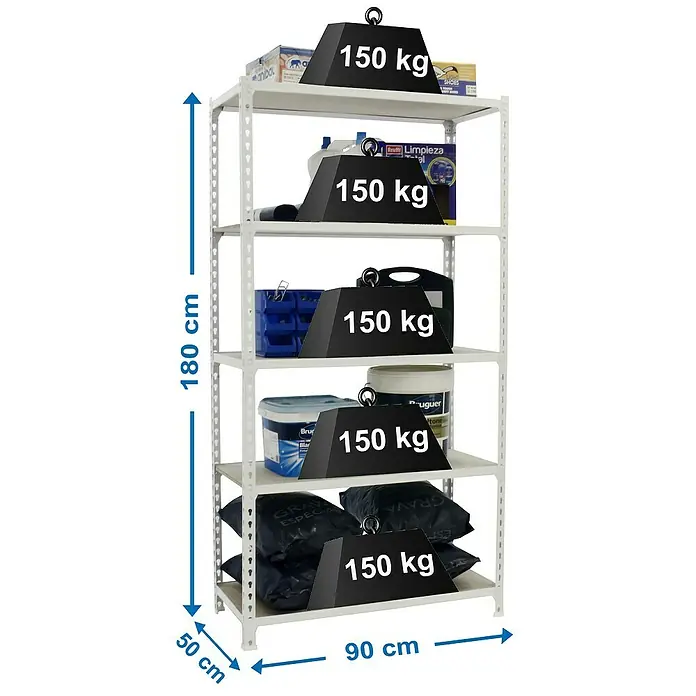 Simonrack Maderclick Metallregal Maderclick - H x B x T: 180 x 90 x 50 cm, Traglast pro Boden: 150 kg, Anzahl Böden: 5 Stk., Stecken, Weiß - Regal mit fünf Ebenen, beladen mit verschiedenen Artikeln und Gewichten von 150 kg auf jeder Ebene.