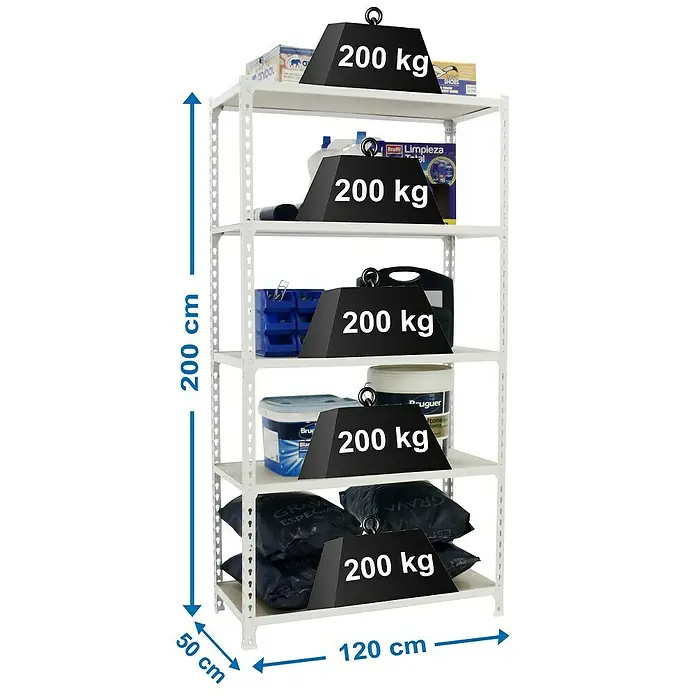 Simonrack Maderclick Metallregal Maderclick MegaPlus - H x B x T: 200 x 120 x 50 cm, Traglast pro Boden: 200 kg, Anzahl Böden: 5 Stk., Stecken, Weiß - Ein weißes Metallregal mit fünf Böden, das mit Gewichten von je 200 kg belastet ist und verschiedene Gegenstände hält.