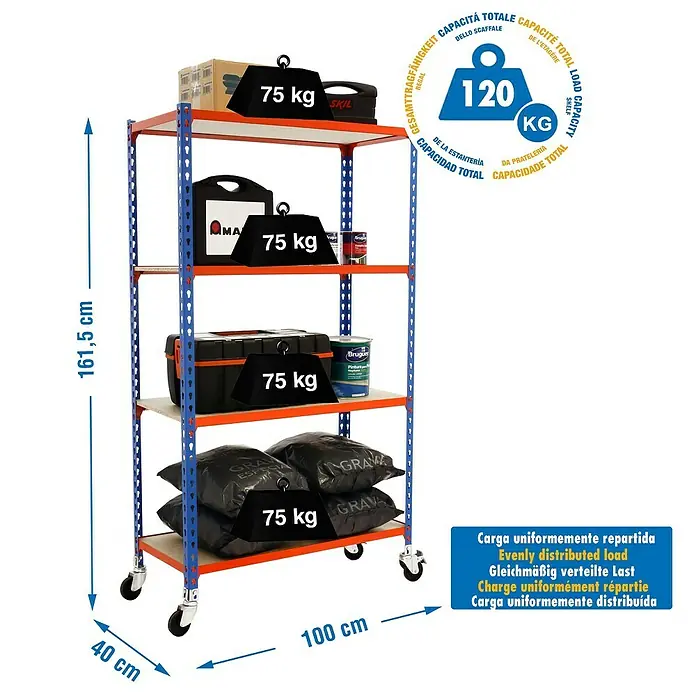 Simonrack Maderclick Estantería metálica Mobile Plus - Al x An x Pr: 157,5 x 100 x 40 cm, Número de baldas: 4 ud., Inserción, Azul/Naranja - Estantería móvil de cuatro niveles, cargada con 120 kg en total, ideal para el almacenamiento.