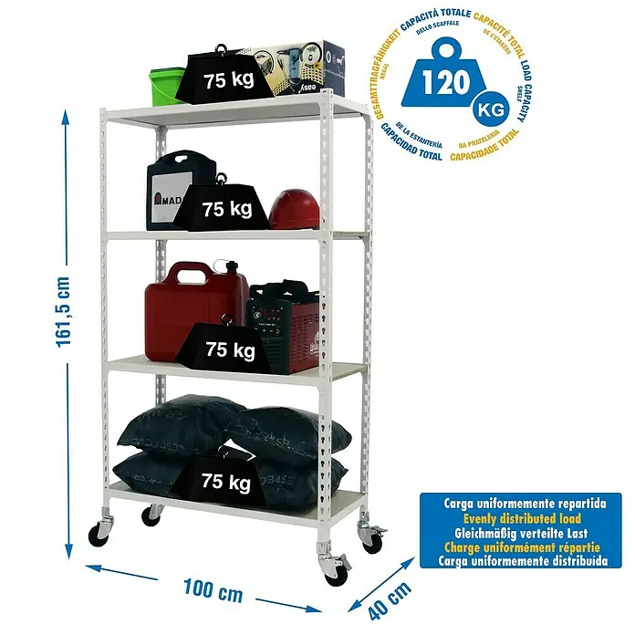 Simonrack Maderclick Estantería metálica Mobile Plus - Al x An x Pr: 157,5 x 100 x 40 cm, Número de baldas: 4 ud., Inserción, Blanco - Imagen de una estantería metálica blanca con cuatro niveles y una capacidad de carga máxima de 120 kg.