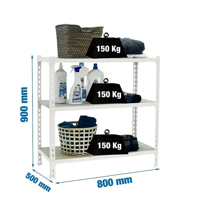 Simonrack Maderclick Metallregal Maderclick Mini - H x B x T: 90 x 80 x 50 cm, Traglast pro Boden: 150 kg, Anzahl Böden: 3 Stk., Stecken, Weiß - Ein weißes Regal mit drei Ebenen, Maße sind angegeben, jede Ebene ist mit 150 kg belastbar.