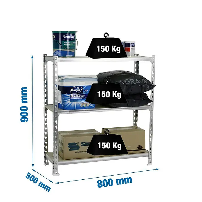 Simonrack Maderclick Metallregal Maderclick Mini - H x B x T: 90 x 80 x 50 cm, Traglast pro Boden: 150 kg, Anzahl Böden: 3 Stk., Stecken, Silber - Produktfoto eines robusten Metallregals mit drei Ebenen, das mit Farbdosen, Säcken und Kartons beladen ist. Die Maße sind angegeben.