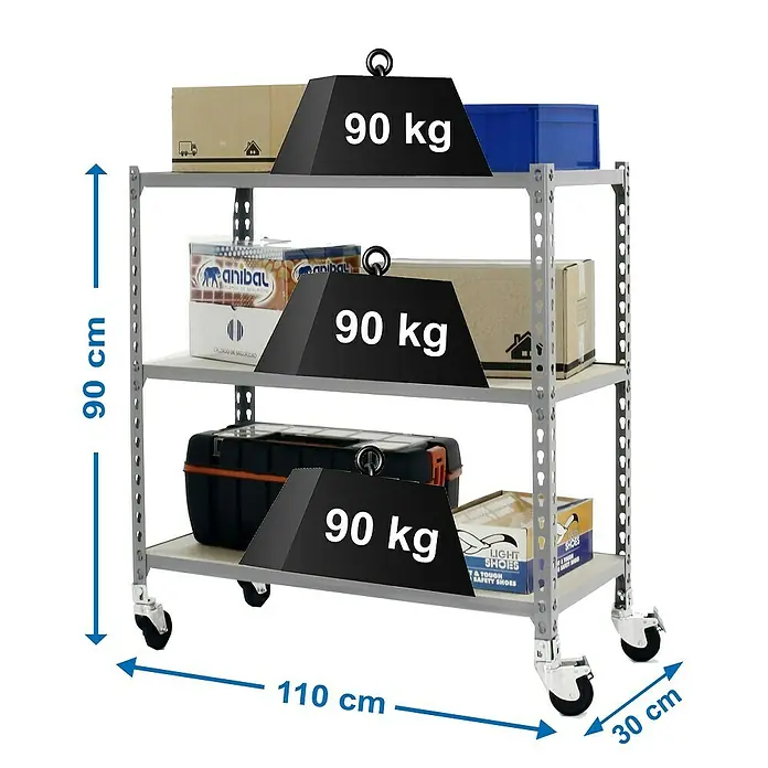 Simonrack Maderclick Estantería metálica Mobile Superplus - Al x An x Pr: 97,5 x 110 x 30 cm, Número de baldas: 3 ud., Inserción, Gris - Un carrito rodante de tres niveles con cajas y una caja de herramientas, marcado con pesos y dimensiones.