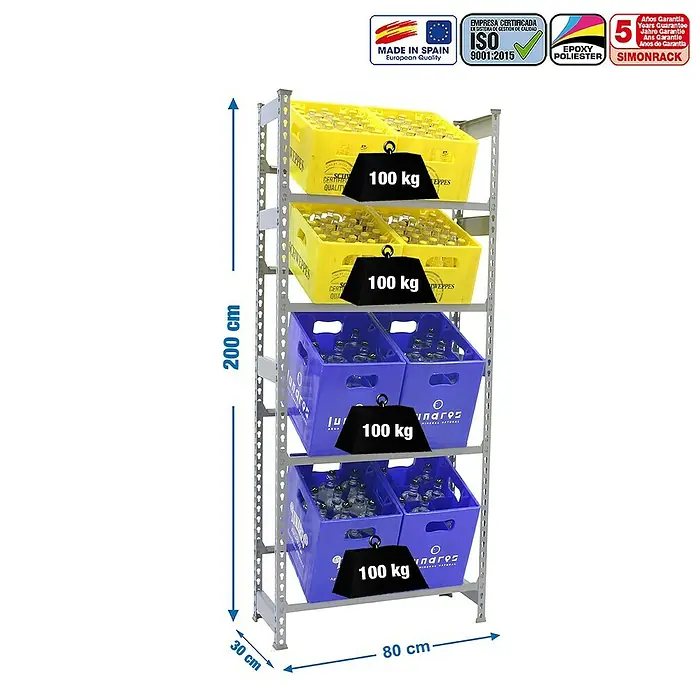 Simonrack Simonbottle Getränkekistenregal Bottleclick - H x B x T: 200 x 80 x 30 cm, Traglast Einlegeboden: 100 kg, Anzahl Böden: 4 Stk., Stecken, Grau - Abbildung eines Schwerlastregals mit gelben und blauen Kisten, beschriftet mit Gewichtsangaben und Dimensionsangaben.