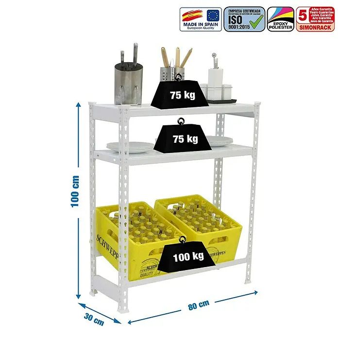 Simonrack Simonbottle Getränkekistenregal Shelf - H x B x T: 100 x 80 x 30 cm, Anzahl Böden: 3 Stk., Traglast Einlegeboden: 100 kg, Stecken, Weiß - Abbildung eines weißen Metallregals mit drei Ebenen, beladen mit Geschirr, Getränkekisten und Gewichten zur Veranschaulichung der Tragkraft.