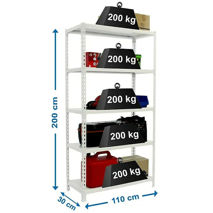 Simonrack Simonclick Metallregal Simonclick Super Plus - H x B x T: 200 x 110 x 30 cm, Traglast pro Boden: 200 kg, Anzahl Böden: 5 Stk., Stecken, Weiß/Weiß - Regal mit fünf Fächern, beladen mit verschiedenen Gegenständen und jeweils mit einem Gewicht von 200 kg gekennzeichnet.