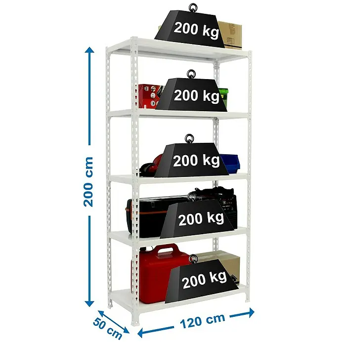 Simonrack Simonclick Metallregal Mega Plus - H x B x T: 200 x 120 x 50 cm, Traglast pro Boden: 200 kg, Anzahl Böden: 5 Stk., Stecken, Weiß/Weiß - Ein weißes Metallregal mit fünf Fächern, jedes mit 200 kg belastbar, mit Maßangaben für Höhe, Breite und Tiefe.