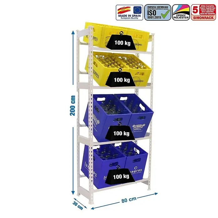 Simonrack Simonbottle Getränkekistenregal Bottleclick - H x B x T: 200 x 80 x 30 cm, Traglast Einlegeboden: 100 kg, Anzahl Böden: 4 Stk., Stecken, Weiß - Abbildung eines weißen SIMONRACK-Regals mit gelben und blauen Kisten, das eine Traglast von 100 kg pro Ebene zeigt.