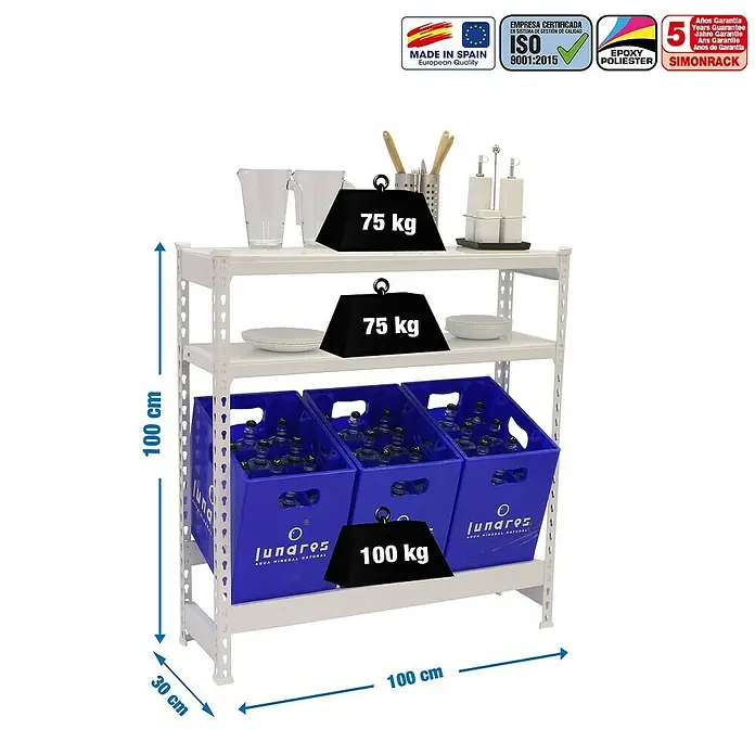 Simonrack Simonbottle Getränkekistenregal Shelf - H x B x T: 100 x 100 x 30 cm, Anzahl Böden: 3 Stk., Traglast Einlegeboden: 100 kg, Stecken, Weiß - Bild eines weißen Metallregals mit drei Ebenen, das mit Gewichten und Getränkekisten beladen ist.