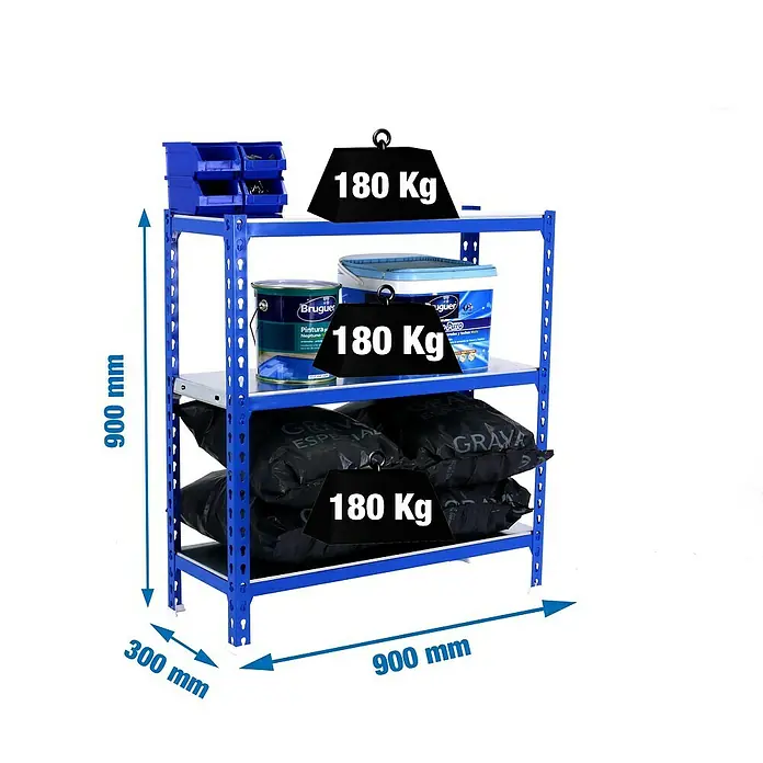 Simonrack Simonclick Metallregal Simonclick Plus - H x B x T: 90 x 90 x 30 cm, Traglast pro Boden: 180 kg, Anzahl Böden: 3 Stk., Stecken, Blau/Silber - Abbildung eines blauen Metallregals mit drei Ebenen, das mit verschiedenen Gegenständen und einem Gewicht von 180 kg pro Ebene beladen ist.