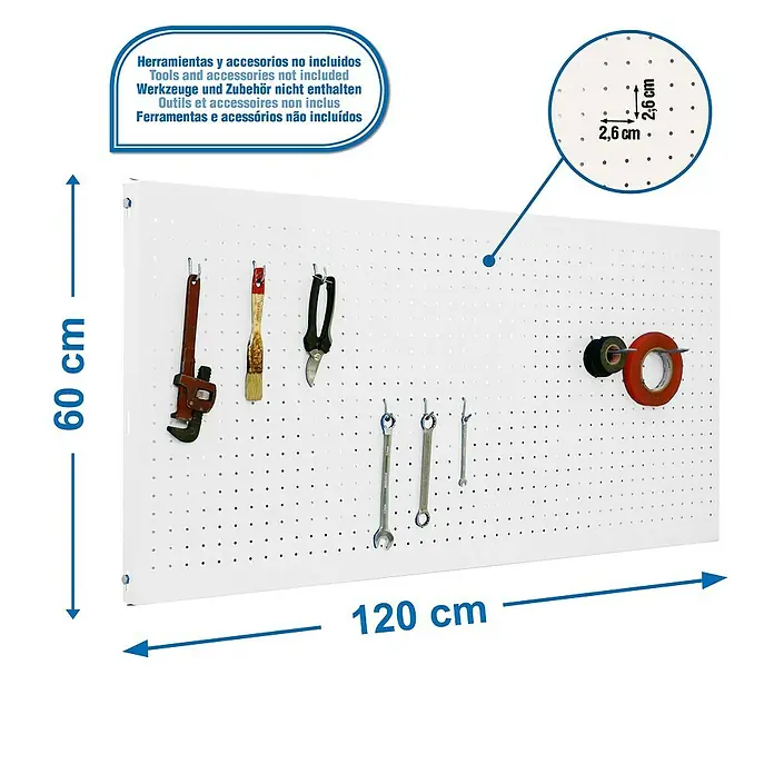 Simonrack Panelclick Panel perforado con 8 ganchos - An x L: 60 x 120 cm, Blanco - Panel perforado con herramientas y accesorios para almacenamiento, dimensiones 60 cm x 120 cm, espaciado entre agujeros 2,6 cm.