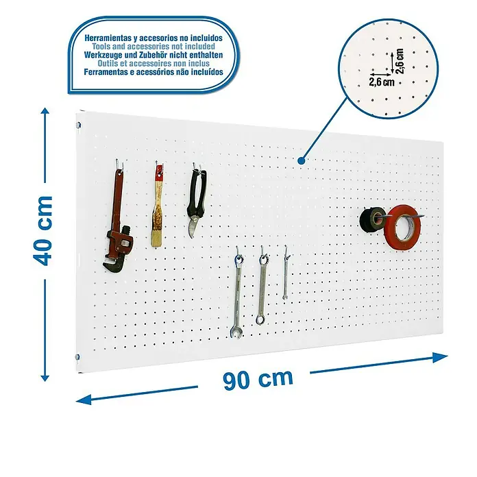 Simonrack Panelclick Panel perforado con 8 ganchos - An x L: 40 x 90 cm, Blanco - Panel perforado para herramientas, ideal para talleres. El panel perforado mide 90 cm de ancho y 40 cm de alto. La distancia entre los agujeros es de 2,6 cm.