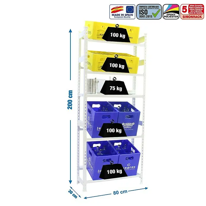 Simonrack Simonbottle Estantería para cajas de bebidas Shelf - Al x An x Pr: 200 x 80 x 30 cm, Blanco - Representación de una estantería de alta resistencia con contenedores amarillos y azules, que muestra una impresionante capacidad de carga de 100 kg por nivel.