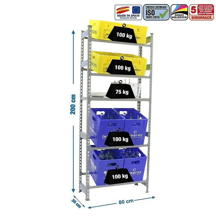 Simonrack Simonbottle Estantería para cajas de bebidas Shelf - Al x An x Pr: 200 x 80 x 30 cm, Gris - Esta imagen muestra una estantería gris Simonrack de cinco niveles, cargada con cajas amarillas, contenedores azules y un peso.