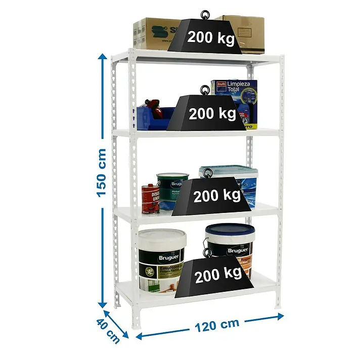 Simonrack Simonclick Metallregal Mega Plus - H x B x T: 150 x 120 x 40 cm, Traglast pro Boden: 200 kg, Anzahl Böden: 4 Stk., Stecken, Weiß/Weiß - Bild eines weißen Schwerlastregals mit vier Böden, das mit diversen Behältern und Kartons beladen ist und eine Traglast von 200 kg pro Ebene hat.