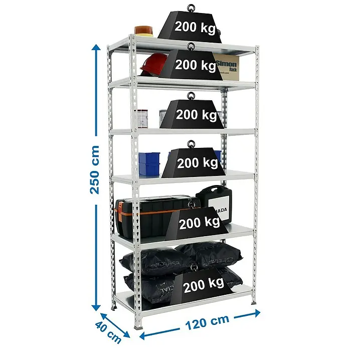 Simonrack Simonclick Metallregal Mega Plus - H x B x T: 250 x 120 x 40 cm, Traglast pro Boden: 200 kg, Anzahl Böden: 6 Stk., Stecken, Silber/Silber - Aufnahme eines Schwerlastregals mit sechs Ebenen und einer Gesamtbelastung von 1200 kg, illustriert durch Gewichte auf jeder Ebene.