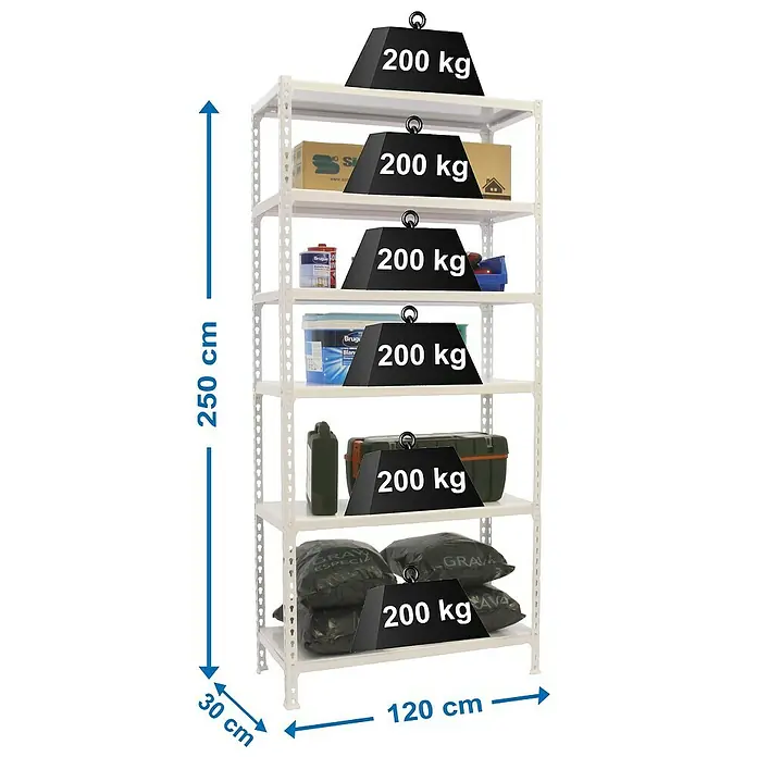 Simonrack Simonclick Metallregal Mega Plus - H x B x T: 250 x 120 x 30 cm, Traglast pro Boden: 200 kg, Anzahl Böden: 6 Stk., Stecken, Weiß/Weiß - Bild eines weißen Metallregals mit sechs Ablagen, jeweils mit Gewichten von 200 kg belastet, und Größenangaben.