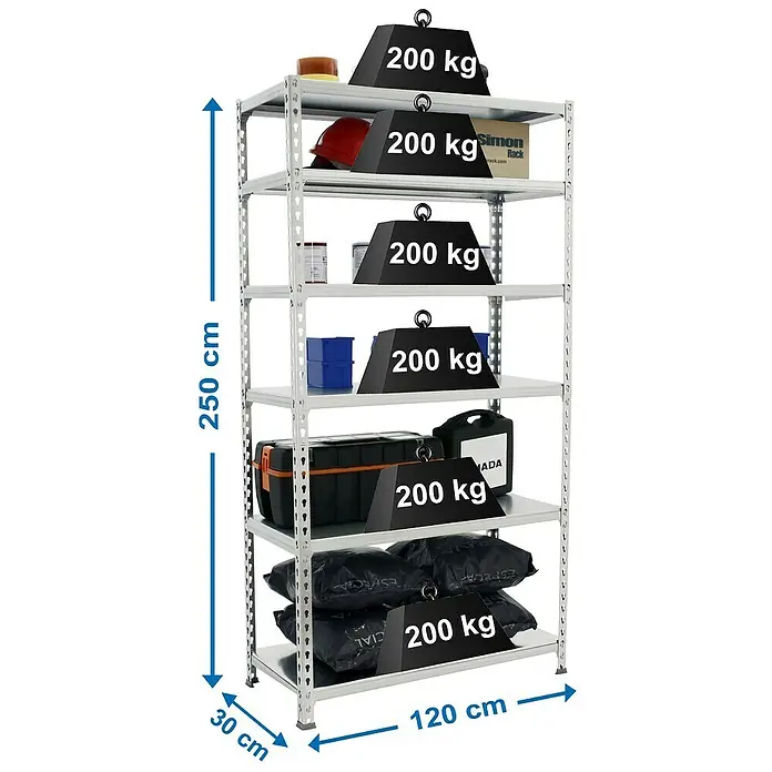 Simonrack Simonclick Metallregal Mega Plus - H x B x T: 250 x 120 x 30 cm, Traglast pro Boden: 200 kg, Anzahl Böden: 6 Stk., Stecken, Silber/Silber - Produktfoto eines Schwerlastregals mit sechs Regalböden, belastet mit 200 kg pro Ebene. Die Maße sind 250 cm Höhe, 120 cm Breite und 30 cm Tiefe.
