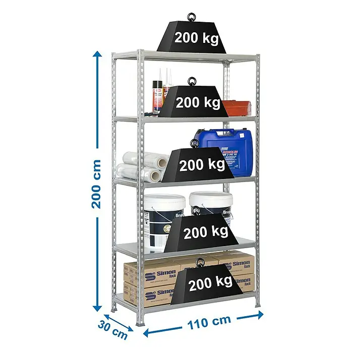 Simonrack Simonclick Metallregal Simonclick Super Plus - H x B x T: 200 x 110 x 30 cm, Traglast pro Boden: 200 kg, Anzahl Böden: 5 Stk., Stecken, Silber/Silber - Abbildung eines Schwerlastregals mit fünf Ebenen, Maße und Gewichtsangaben inklusive der maximalen Traglast von 200 kg pro Ebene.