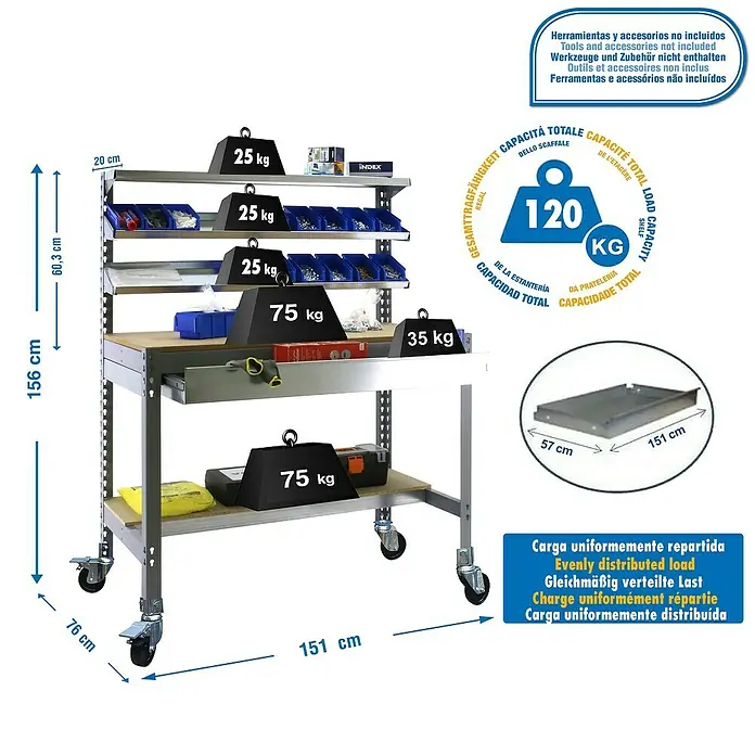 Simonrack Simonwork Banco de trabajo BT1 Box Mobile - L x An: 76 x 151 cm, Altura de trabajo: 152 cm, Carga soportada: 120 kg, Gris - Imagen del producto de un banco de trabajo con herramientas y accesorios. La capacidad de carga máxima del banco es de 120 kg.