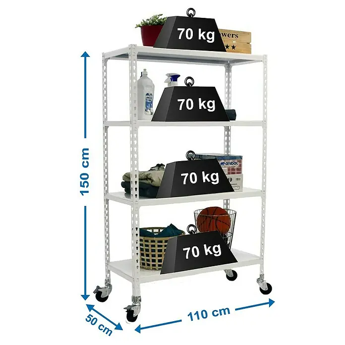 Simonrack Simonclick Estantería metálica Mobile Superplus - Al x An x Pr: 157,5 x 110 x 50 cm, Número de baldas: 4 ud., Inserción, Blanco - Estantería blanca resistente con ruedas, cinco estantes y capacidad de carga de 70 kg por estante. Ideal para almacenamiento y organización.