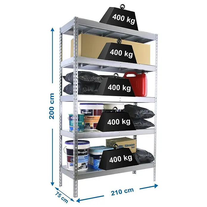Simonrack Simonforte Schwerlastregal Simonforte Metall - H x B x T: 200 x 210 x 75 cm, Traglast pro Boden: 400 kg, Anzahl Böden: 5 Stk., Stecken, Silber/Silber - Ein silbernes Regal mit fünf Ablagen, gefüllt mit Farbeimern, Kartons und Säcken, wobei jede Ebene zusätzlich mit 400 kg belastet ist.