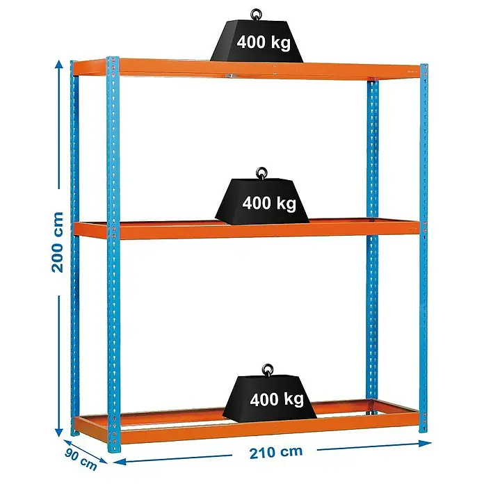 Simonrack Simonforte Estantería para cargas pesadas - Al x An x Pr: 200 x 210 x 90 cm, Número de baldas: 3 ud., Inserción, Azul/Naranja, Capacidad de carga por balda: 500 kg - Estantería de 3 niveles, cargada con pesos de 400 kg, dimensiones: 200 cm de alto, 210 cm de ancho y 90 cm de profundidad.