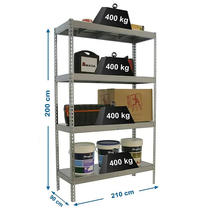 Simonrack Simonforte Schwerlastregal Simonforte Metall - H x B x T: 200 x 210 x 90 cm, Traglast pro Boden: 400 kg, Anzahl Böden: 4 Stk., Stecken, Silber/Silber - Regal mit vier Ebenen, beladen mit verschiedenen Gegenständen und Gewichten.
