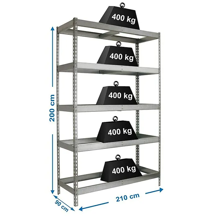 Simonrack Simonforte Estantería para cargas pesadas - Al x An x Pr: 200 x 210 x 90 cm, Número de baldas: 5 ud., Inserción, Galvanizado, Capacidad de carga por balda: 600 kg - Una estantería metálica con cinco niveles, cada uno cargado con pesas de 400 kg, mostrado con marcas de dimensión para altura, anchura y profundidad.