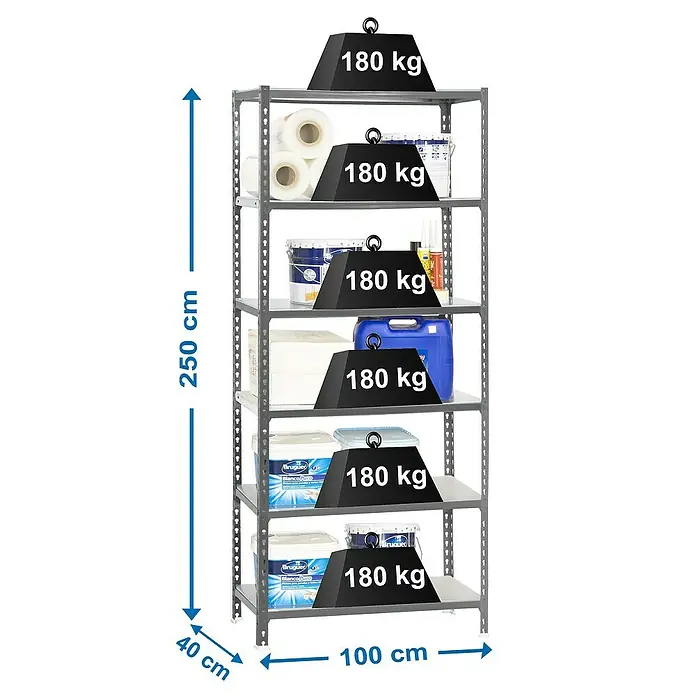 Simonrack Simonclick Metallregal Simonclick Plus - H x B x T: 250 x 100 x 40 cm, Traglast pro Boden: 180 kg, Anzahl Böden: 6 Stk., Stecken, Grau/Grau - Ein Bild eines Schwerlastregals mit sechs Böden, das jeweils mit 180 kg belastbar ist, inklusive Größenangaben.